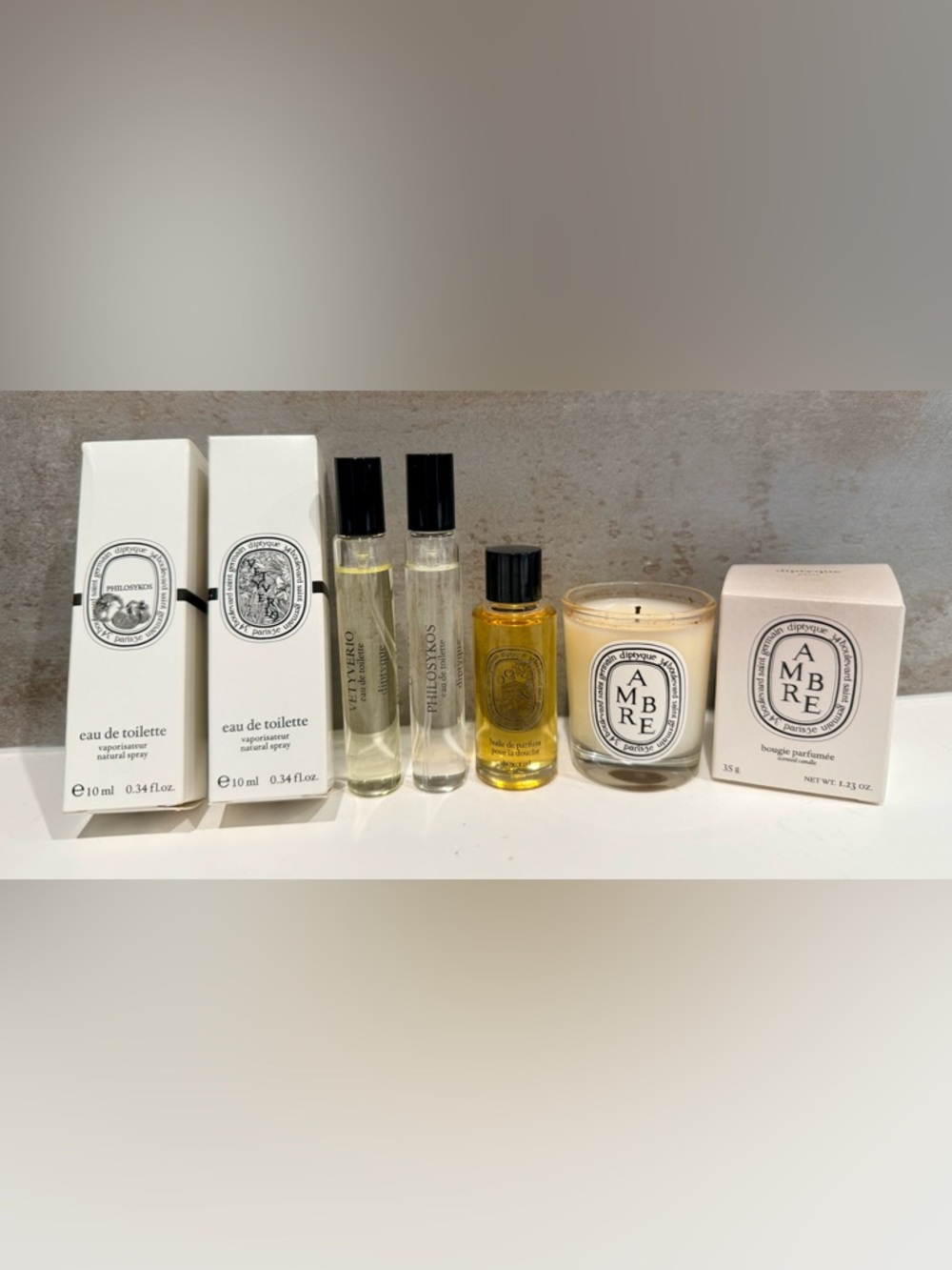 Diptyque Philosykos 10ml & Vetyverio 10ml &Amber Scented Candle 35g &Shower Oil